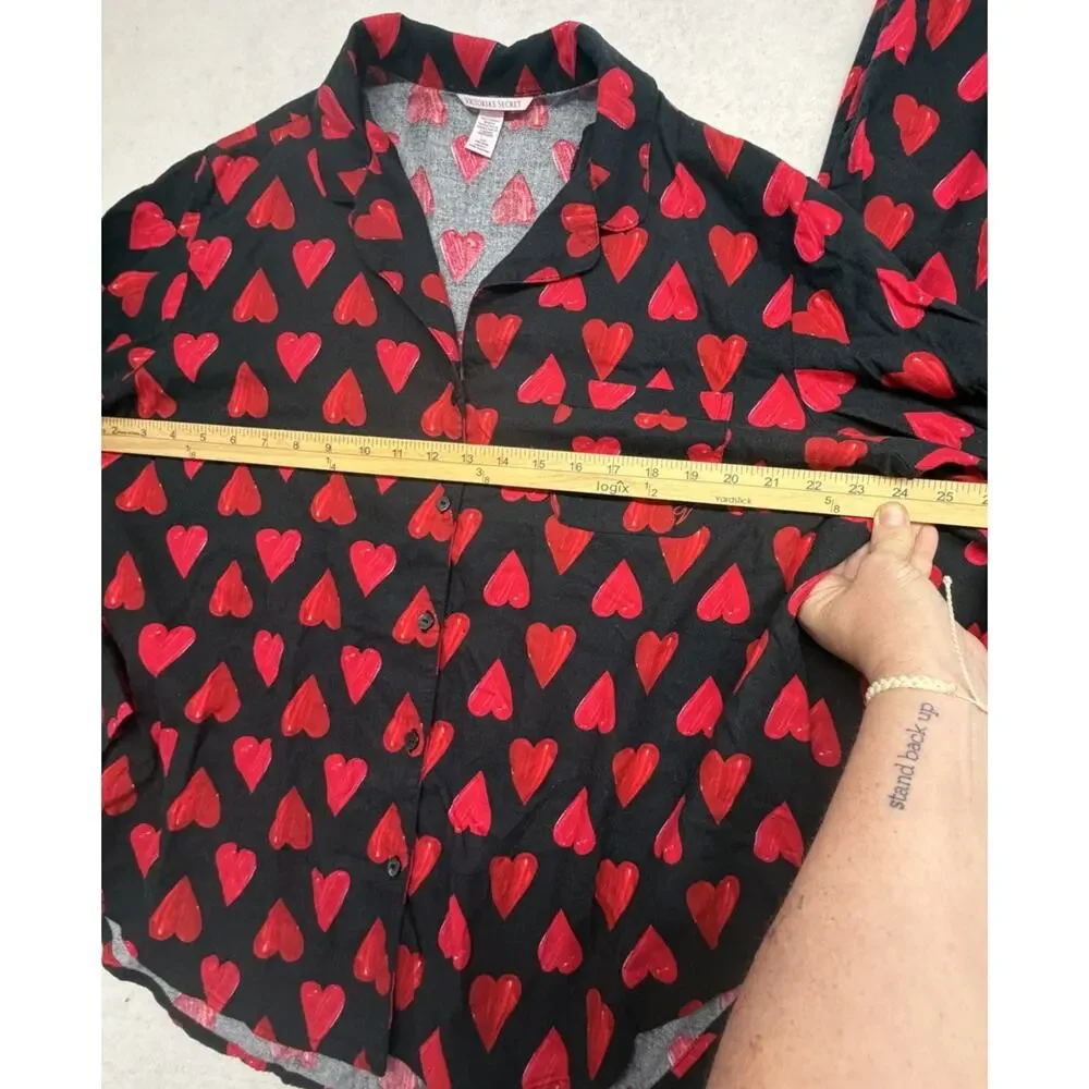 Victorias Secret 2 Piece Pajama Set Large Black Red Heart Print Valentines Set